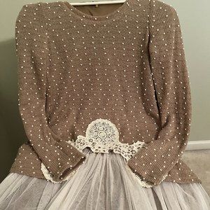 Ryu- Light brown/Tan, White fuzzy polka dots, lace, bottom flares out, Size M